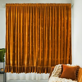 GLORY SEASON Velvet Curtains Set of 2 Retro Ruffle Flounces Trim Soft Decorative Luxurious Solid Golden Camel Farmhouse Vintage Light-Filtering Curtain for Living Room Bedroom 52x84 inches