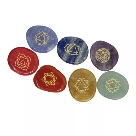 NEW Engraved Chakra Stone Set (Boxed) - Seven 1" Natural Gem Oval w/ Gold Enamel