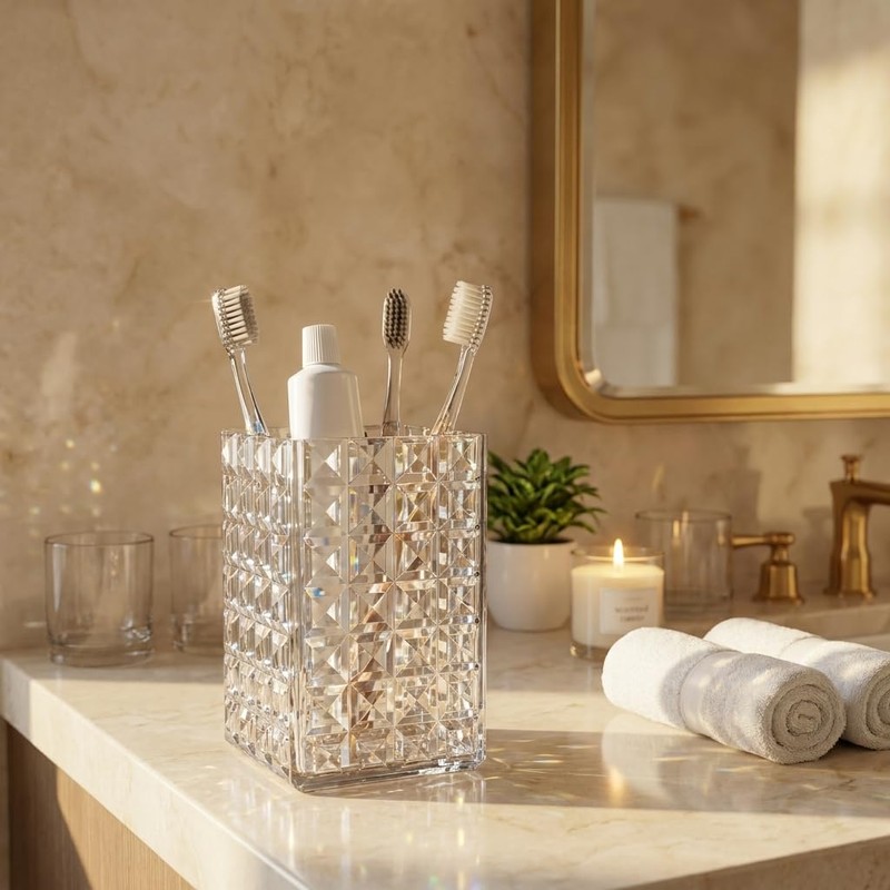 2 Pack Acrylic Toothbrush Holder, Clear Diamond Faceted Cup for