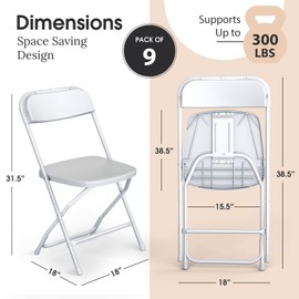 Our Modern Space 9 Pack White Plastic Chair | Foldable & Stackable | 300 lbs Capacity Steel Frame Seats for Indoor or Outdoor | Commercial Use Events Wedding Party Events Bulk Picnic Kitchen Dining