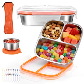 Qtencas 2 Pack Stainless Steel Snack Containers for Kids with Lid, Sauce Cups, Utensil Bag & Name Labels, Reusable 3 Compartment Snack Containers Metal Bento Box for Office Home Travel Gym