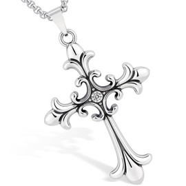 LuxGoth Stainless Steel Fleur de Lis Cross Rhinestones Pendant Necklace Gothic Punk Rock Emo Biker Cosplay Vintage Celtic Cross Charm Necklace Jewelry for Men Women Silver GTS-N1D60018