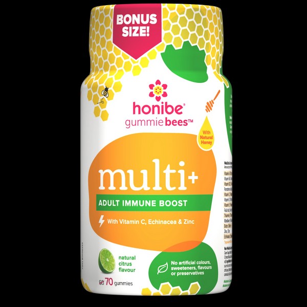 Honibe GummieBees Multi+ Adult Immune Boost With Vitamin C, Echinacea & Zinc - Natural Citrus Flavour 70 Gummies