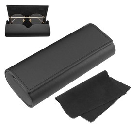 Glasses Case Hard Case, Premium Leather Glasses Box, Glasses Case for Men and Women, Hard Case Black Comes with a Microfibre Cloth, Glasses Storage Box for Optimal Protection of Your Glasses, black