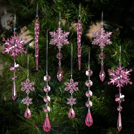 Hianjoo Christmas Ornaments Christmas Tree Hanging Christmas Ornaments Christmas Tree Ornaments Acrylic Material Drops Icicle Snowflake Icicle String Set of 10 - Pink