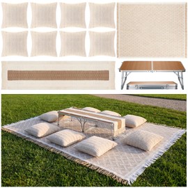 Yiyiring 12 Pcs Extra Large Outdoor Boho Picnic Blanket 91'' x 71'' Folding Camping Table Beige White Table Runner 8 Throw Pillow with Pillow Cores Woven Cotton Yarn for Camping Garden Beach Wedding