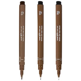 Uni Pin Fineliner Drawing Pen 0.1mm 0.5mm and Brush Tips Sepia Ink (Pack of 3)