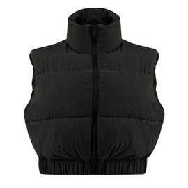 Gihuo Women's Cropped Puffer Vest Corduroy Winter Quilted Sleeveless Jackets Lightweight Stand Collar Padded Gilet(Black-Small)
