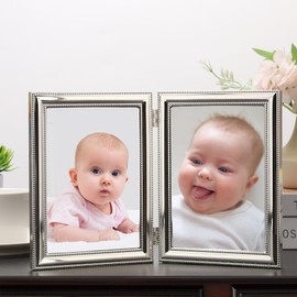 YiPinYin Elegant Silver Plated 5x7'' Double Photo Frame with Classic Beaded Design, Featuring Real Glass Front and Velvet Backing, a Wonderful Wedding Gift Choice (Silver)