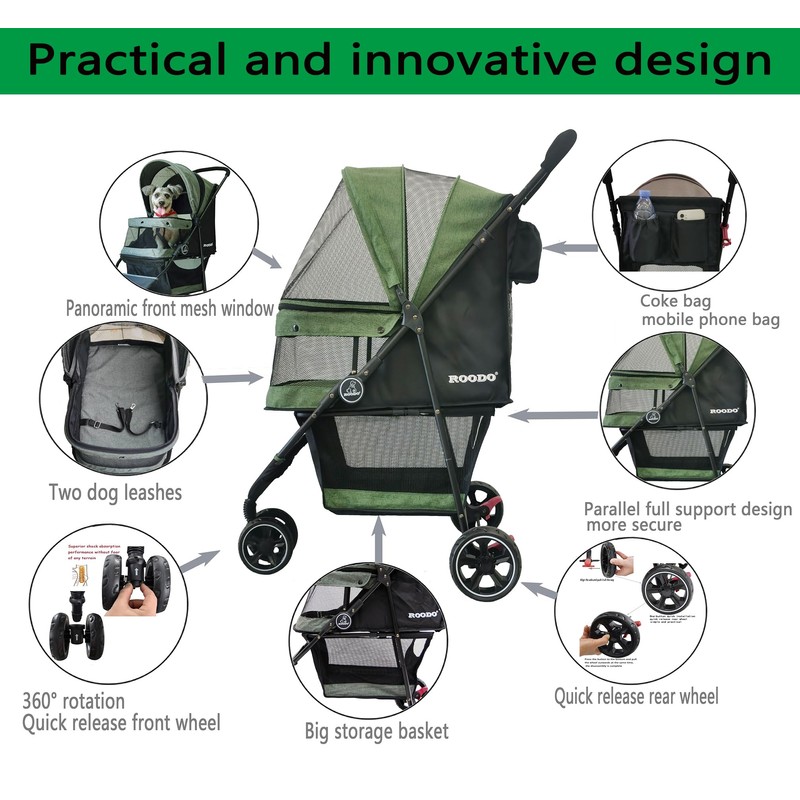 ROODO 3 Wheel Pet Stroller Best Lightweight Foldable Compact Portable