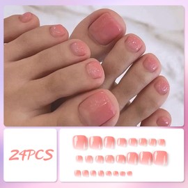 24Pcs Pink French Tips Press on Toe Nails, Short Square Summer Fake Toenails in 12 Sizes, Cute Artificial Beach False Toe Nails, Full Cover Acrylic Shiny Glue on Toenails for Women Manicure Art