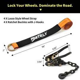 Nestilly 4 Pack Car Tie Down Straps for Trailers - Tire Ratchet Strap with Chain Anchors - 2" x 96" - 9900LBS Break Strength - Lasso Style Wheel Straps for Hauling UTV, SUV, Truck, Any Cars, Orange