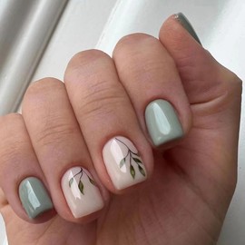 Press on Nails Short Square Press on Nails False Nails with Designs Green Leaf Glue on Nails Lake Green Acrylic Nails Full Cover Spring Summer Cute Fake Nails Stick on Nails for Women Girls 24PCS