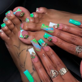 3D Cherry Press on Nails and Toes Matching Set Long Square Fake Nails Green French Tip Design Stick on Nails Summer Toe Nail Press Ons Glossy Acrylic Glue on Toenails for Women Manicure 48Pcs