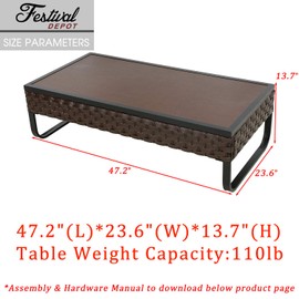 Festival Depot Patio Coffee Table Rectangle Wicker Rattan Table with Wood Grain Desktop and U Shaped Legs All Weather Outdoor Furniture for Garden Bistro 47.2"(L) x 23.6"(W) x 13.7"(H)