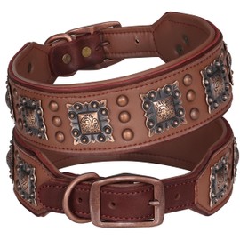 PET ARTIST Soft Padded Leather Dog Collar, 2 inch Wide Genuine Leather Dog Collars with Stylish Studded Rivet & Metal Buckle, Luxury & Adjustable Pet Collars for Medium Dogs,Brown,Neck 16-19"