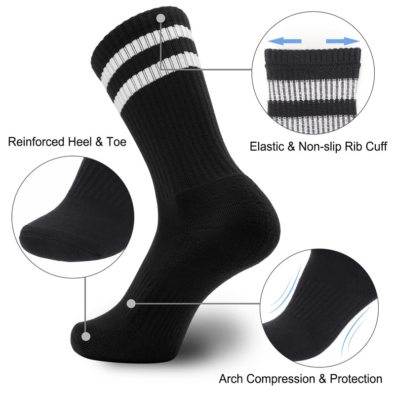 Ultrafun 5 Pairs Striped Crew Socks Cotton Cushioned Athletic Sports