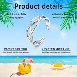 JeryWe 925 Sterling Silver Toe Ring for Women Hypoallergenic Adjustable Rings Toe Ring Stylish Plain Solid Silver Band Toe Ring Set Minimalistic Beach Foot Jewelry