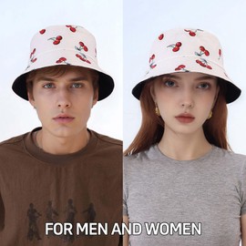 QFE Sun Bucket Hats Women Men Beach Protection Summer Unisex Reversible Fisherman 100% Cotton Fishing Double Side Wear Outdoor Packable Travel Print Trendy Cap Solid Golf Fun Vacation, Cherry White