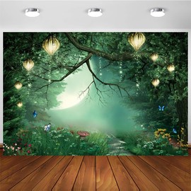 Hnmdmyi 2.1 x 1.5 m Photo Background Magic Forest Mushroom Wonderland Green Tree Butterfly Photography Background Baby Shower Photo Shooting Children Birthday Party Decorations Banner Photo Booth