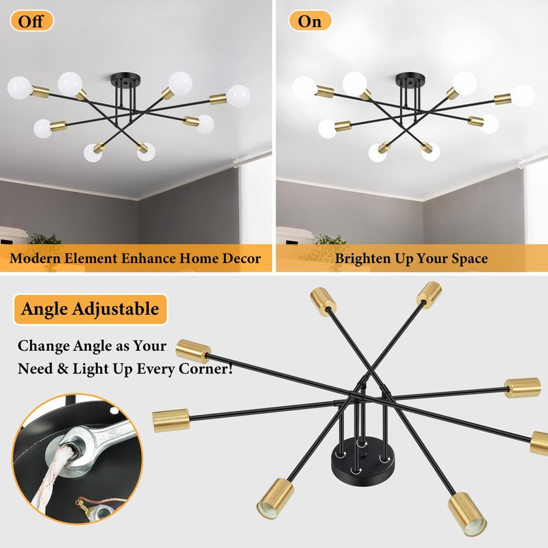 Modern Sputnik Chandelier 8-Light Industrial Ceiling Lights Fixture 32" Black