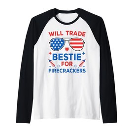 Funny 4th of July Shirts Kids Will Trade Bestie Firecrackers Raglan Baseball Tee
