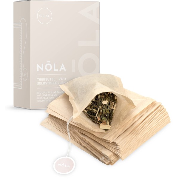 NOLA Disposable Tea Bags for Loose Tea (Pack of 100) - Biodegradable & Recyclable - with Drawstring - 9.5 x 8 cm - Also Suitable for Teapots