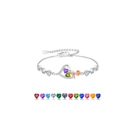 Iefil Amethyst & Peridot Bracelet for Women, February & August Birthstone, Sterling Silver Heart Charm Bracelets, Anniversary Birthday Gifts for Women Wife Mom Daughter
