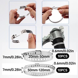 Jiavlyx 20 pieces stainless steel CV hose clamps set, 10 pieces 20-50 mm/10 pieces 50-120 mm adjustable clamps, CV axle cuffs clamps, hose clamps, for ventilation air duct, automotive tubing