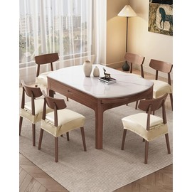 Genina Dining Chair Covers Set of 6, Waterproof PU Leather Dining Seat Covers Stretch Wipeable Dining Room Seat Cover Kitchen Chair Slipcover Protector (Rear-Covered Design, Cream)
