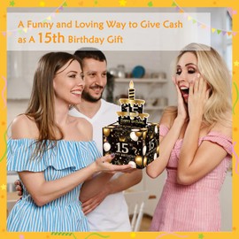 Meiidoshine 15th Birthday Money Box for Cash Gift, Surprise Pull Out Money Gift Box with 50Pcs Transparent Bags - Fun Ways to Give Cash as A 15th Birthday Gift for Girls Boys