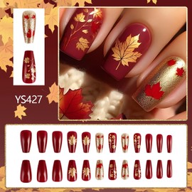 24 Pcs Fall Press on Nails Medium Coffin Fake Nails with Maple Leaves Design Autumn Red False Nail Thanksgiving Maple Leaf Acrylic Stick on Nail for women