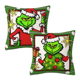 AHAHM Christmas Pillow Cover Farmhouse Decorative Throw Pillow Case Indoor Outdoor Cushion Cover Grinch Christmas Winter Holiday Grinch Linen Pillowcase for Couch Living Room 20 x 20 Inch Set of 2