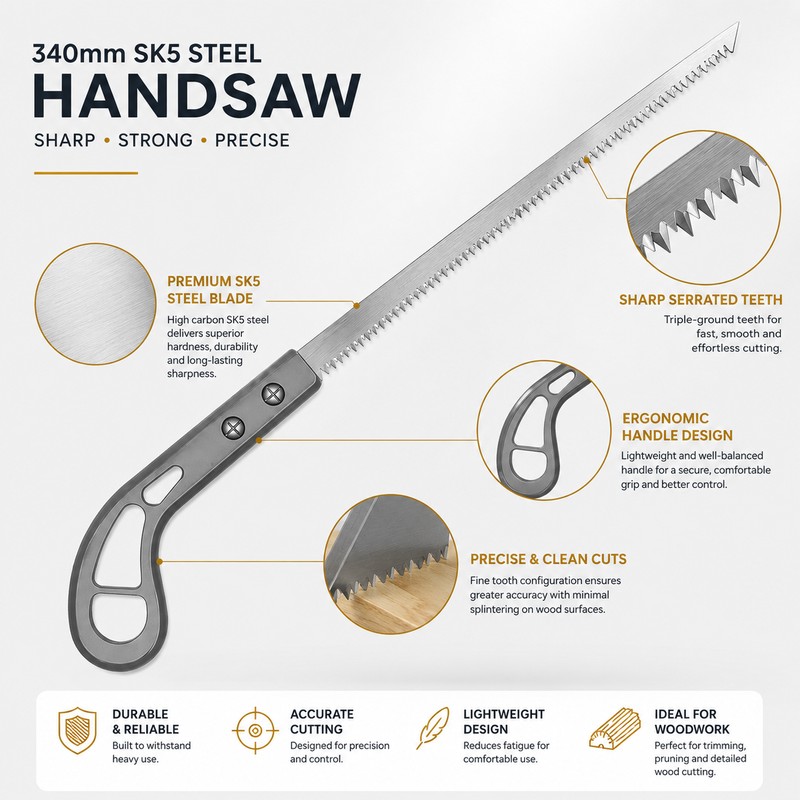 340mm Hand Saw for Wood Cutting – SK5 Steel Manual