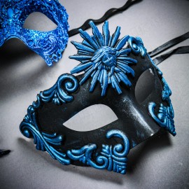iLoveMasks Venetian Sun God w/ Luxury LARGE Side Feather Masquerade Couple Party Mask BLUE