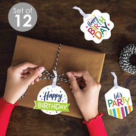Big Dot of Happiness Cheerful Happy Birthday - Assorted Hanging Colorful Birthday Party Favor Tags - Gift Tag Toppers - Set of 12