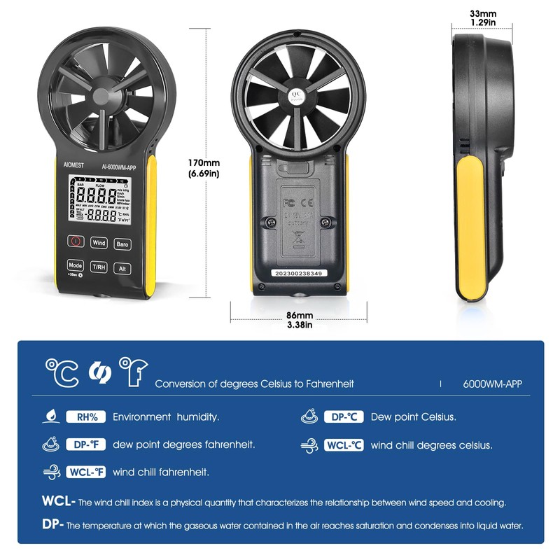 AIOMEST 6000WM-APP Digital Anemometer Handheld Wind Meter Wind Meter CFM