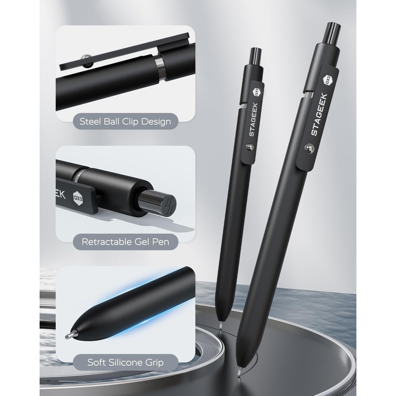 STAGEEK 12 Pcs GX3 Black Gel Pens, Quick Dry Smooth