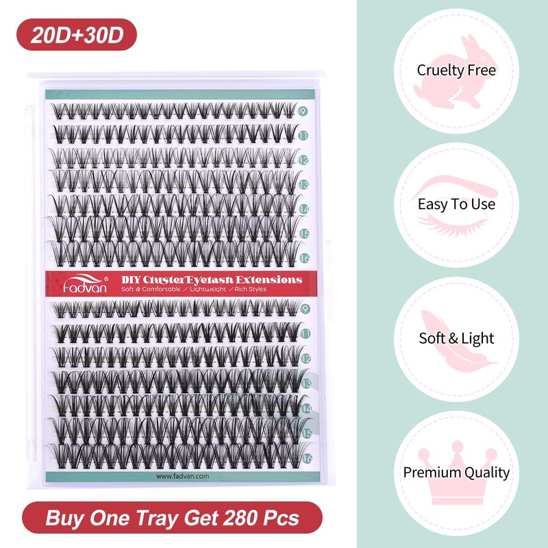 FADVAN False Eyelash Clusters 280pcs 20D+30D Blend 9-16mm Volume DIY