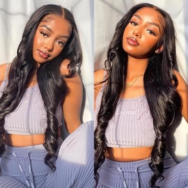 Body Wave Lace Front Wigs Human Hair, 30 Inches Glueless Loose Wig Natural Black, 200% Density 13X6 HD Lace Front Wig, Synthetic Wigs for Black Women, Human Hair Touch