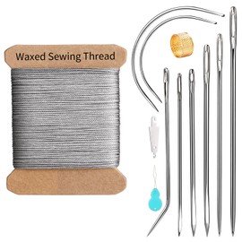 KAQRHFT Repair Sewing Kit, Upholstery Needle and Thread Kit with 32 Yard Waxed Thread and 8 Pcs Heavy Duty Leather Needles for Hand Stitching, Canvas & Quilting - 0.55mm Round Waxed Cord Gray