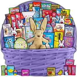 Purple Easter Basket for Kids and Adults (45ct) Already Filled Easter Gift Basket with Plush Easter Bunny, Candy, Snacks, and Treats - Boys, Girls, Grandchildren, Young Children, Toddlers, Men, Women