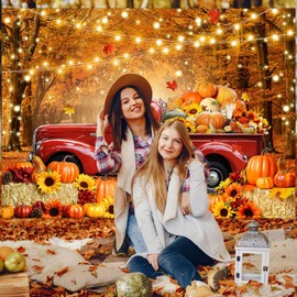 Avezano Fall Forest Red Truck Photography Backdrop Autumn Harvest Pumpkin Maple Leaves Background Thanksgiving Party Decorations Photo Banner Props(7x5ft)