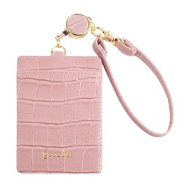 Giselle Men’s/Women’s Pass Case w/ Reel, Commuter Pass Case, ID Card Holder, IC Card Case, Employee ID Card Case, Double-Sided, w/ Strap, Commuting to Work or School, Crocodile-Style Embossing, Mauve Pink/Mauve Pink (Gold Foil)