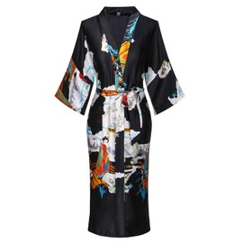 Women's Silky Kimono Robes Long Satin Bathrobes Sleepwear Loungewear Black