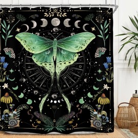 Miyotaa Moth Witchy Gothic Shower Curtain Set 71Wx71H Inches Moon Phase Teal Wildflower Plant Mysterious Night Moonlit Butterfly Botanical Tarot Polyester Bathroom Curtain with 12 Hooks
