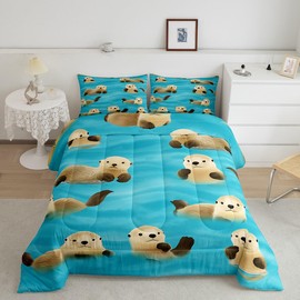 Kids Comforter Set Cute Cartoon Otter Comforter Twin Size for Boys Girls Children Kawaii Room Decor Zoo Animal Bedding Set Toddler Wildlife Otters Bedding Duvet Set 1 Comforter with 1 Pillow Case