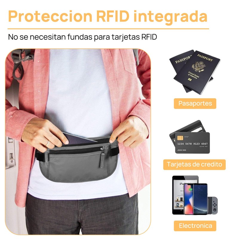Riñonera de Viaje con Bloqueo RFID, Riñonera con Cremallera Invisible
