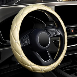 Leather Car Steering Wheel Cover, Studded Bling Diamond Steering Wheel Protector, Universal 14.5-15" Yellow Car Accessories for Women, Fit Vehicles, Sedans, SUVs, Vans, Trucks