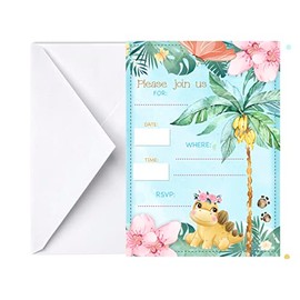 Baby Girl Dino Invitation 12 pcs, 5x7 Cards Pink Dinosaur Birthday Decoration, T-Rex Party Supplies, Cute Themed Baby Shower Invites